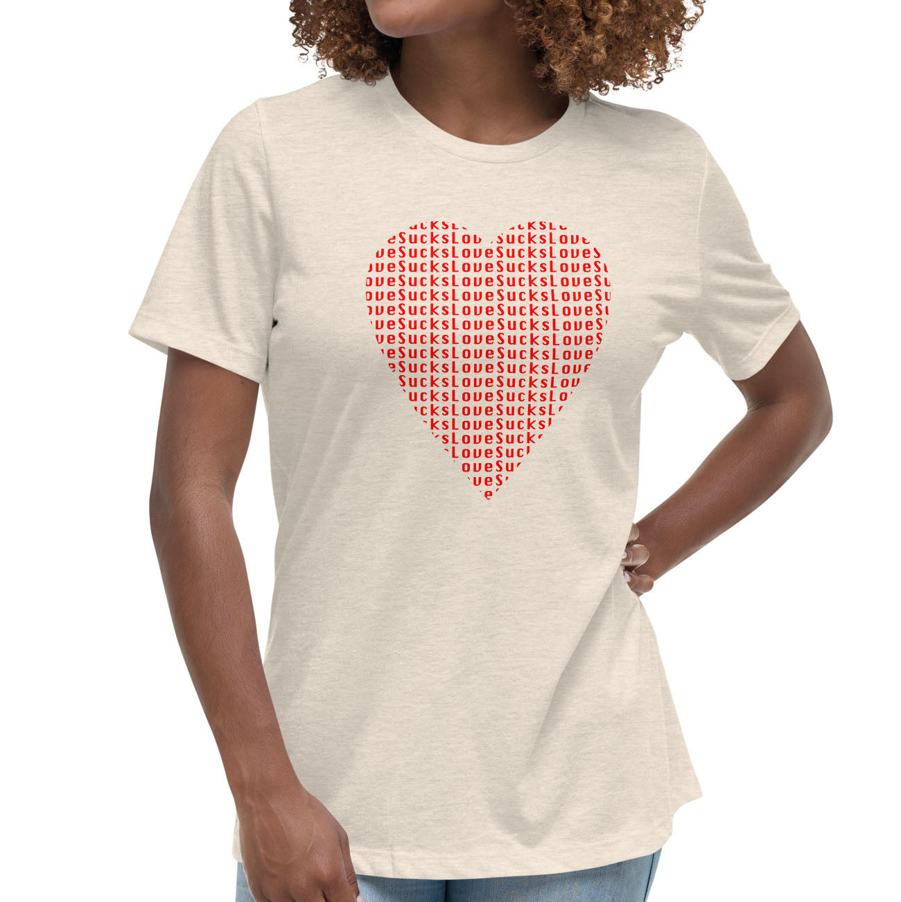 Love Sucks Women's Graphic Tee in Heather Prism Natural.